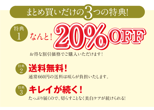 まとめ買いだけの3つの特典,15%OFF,送料無料,キレイが続く